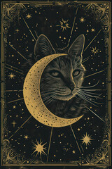 Wall Mural - Mystical Moon Cat: A Cute, Hand-Drawn Illustration of a Magical Black Kitty in the Night Sky with Stars and a Crescent Moon, on a Vintage Pattern Background