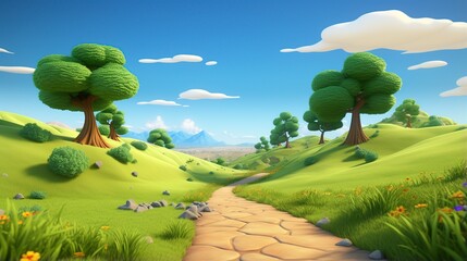 Wall Mural - green field empty background 3D cartoon