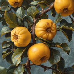 Canvas Print - ripe quince on a branch close-up