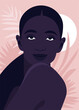 Portrait of an African woman. Tropical summer travel. Palm leaves on the light pink background. Vector flat illustration