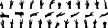 Hand Gestures Flat Icon Set. Included, Fingers Interaction, Pinky Swear, Forefinger Point, Greeting, Pinch, Hand Washing, Emojis, Gestures, Stickers, Emoticons Black Vector Collection Isolated