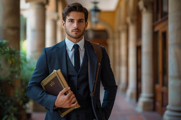 Young male student wearing suit holding graduation or academic papers 