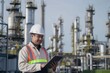 © Milkghost - Middle Eastern engineer in hard hat and safety vest using tablet at oil refinery