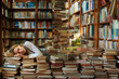étudiante endormie sur sur pile de livres à la librairie.