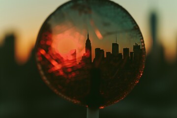 Wall Mural - closeup of a lollipop with the skyline silhouette seen through it