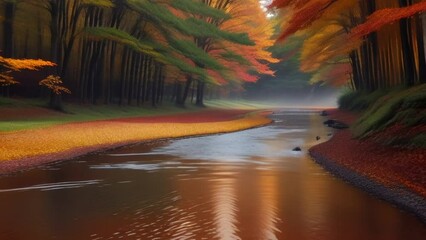 Poster - River Through a Misty Fall Autumn Tree Background