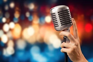 Sticker - Metal microphone on colorful bokeh blurred background