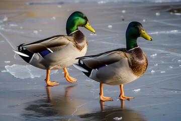 Poster - two ducks walking on a thin ice layer, pond beneath