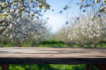 Wall Mural - table against a background of a blooming orchard