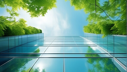 Architecture image with a modern glass building with a lot of green plants trees and bushes for business architecture environmental friendly and eco-concept