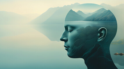 Outline of a human head containing a serene landscape background, symbolizing the concept of inner peace and mental tranquility with copy space

