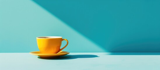 Wall Mural - Coffee in a yellow cup against a blue backdrop