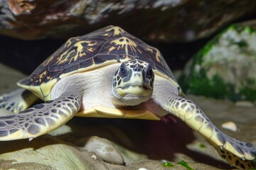 Poster - turtle plodding forward, head extended towards camera