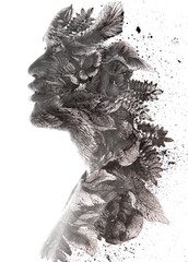 Wall Mural - A graphical paintography double exposure male profile portrait