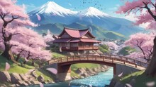 Japanese Garden With Bridge And Lake. Cartoon Or Anime Watercolor Painting Illustration Style. Seamless Looping Virtual Video Animation Background.