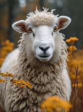 Sheep Looks At The Camera In Field Of Yellow Flowers