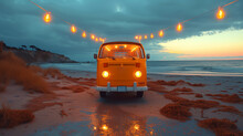 Panoramic Background Of Beach And Ocean ,a Yellow Retro Bus In Beach With Warm Pendant Lights Hanging Next To It