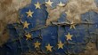 Cracked plaster with European Union flag, concept of collapse and discord. Generative AI