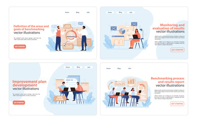 Poster - Benchmarking Web Banners Set. Engaging vector illustrations for web, detailing benchmarking goals, monitoring, and reporting.