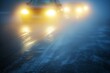 closeup of cars illuminated headlights piercing through dense fog