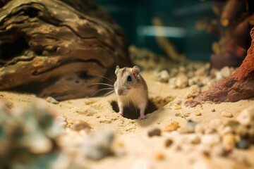 Wall Mural - gerbil emerging from a burrow in a sandy terrarium habitat