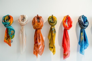 Wall Mural - set of handpainted scarves showcased on individual wall hooks