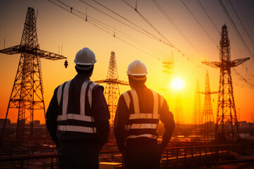 Public sector electrical inspector engrossed in the inspection of a city's power grid, under the glow of a beautiful sunset