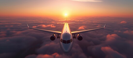 Wall Mural - Gorgeous aircraft. Passenger airplane flying above clouds at sunset. Landing. Business travel.