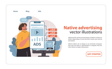 Poster - A marketer stands proudly by a smartphone showcasing a native ad, symbolizing the seamless integration of advertising with user content in the digital space.