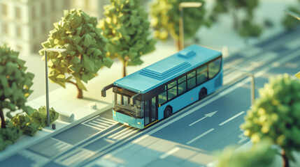 Sticker - 3D model of public transport, bus on city roads with green trees and bus stop