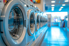 Row Of Industrial Laundry Machines In Laundromat. Self-service Laundry Shop. AI Generated Image.