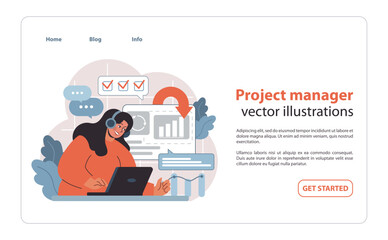 Poster - Project Manager set at Work. Overseeing project timelines and deliverables, focused on achieving goals with precision. Flat vector illustration.