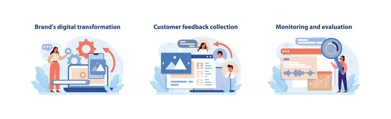 Poster - digital transformation and feedback collection set. engaging illustrations portraying a brand's evol