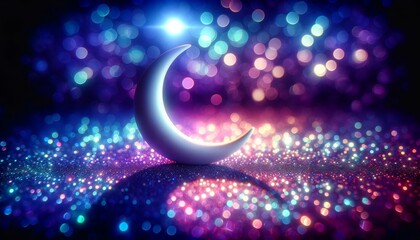 crescent moon with sparkling and colorful blurred background