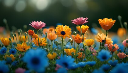 field of flowers. blue flowers. red flowers. yellow and orange flowers in a meadow in nature