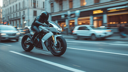 Sticker - A sporty motorbike with a motorcyclist in a black helmet and leather jacket rushes through the streets of the city