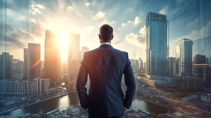 business man looking at the sun on city in the sky, immersive en