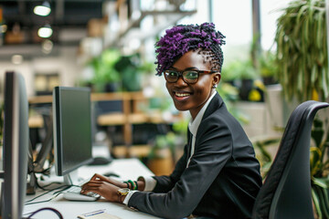 Wall Mural - Modern youth subculture gen generation z professionals self-expression confidence concept. Portrait of smiling creative non binary African American woman with short dyed purple hair working in office.