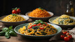 A variety of colorful pasta types vibrant green spinach fettuccine, rich red tomato infused linguine, and golden strands of saffron infused spaghetti on a rustic Italian-inspired backdrop
