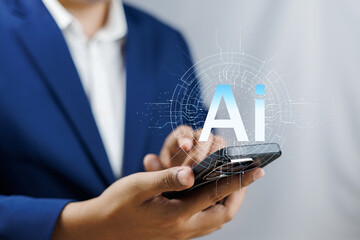 Fototapete - AI Technology in modern business, Chatbot conversation assistant for virtual assistance and customer support communication, AI Chatbots assisting business people with intelligent solutions futuristic