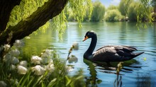 A Beautiful Lake View With An Elegant Black Swan Swimming Through Aquatic Grass Growing In Green Lake Water, Under Freshly Growing Willow Branches On A Sunny Day In Early Spring