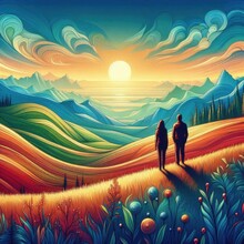 A Colorful, Serene Illustration Of Two Figures Standing On A Grassy Hill, Overlooking A Beautiful Landscape.