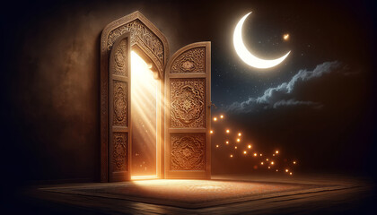 Wall Mural - an intricately carved traditional wooden door standing open with light pouring out, against a dark background to symbolize the beginning of Ramadan