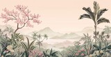 Fototapeta Pokój dzieciecy - wallpaper jungle and leaves tropical forest - drawing vintage