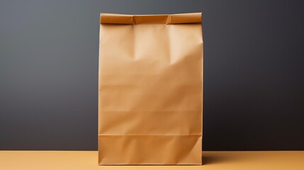 Close up male hold in hand glove brown clear empty blank craft paper bag for takeaway isolated on yellow background. Packaging template mockup. Delivery service concept. Copy space