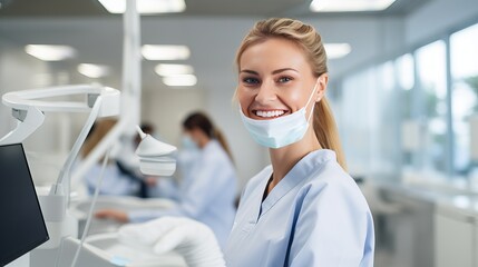 Wall Mural - European mid pleased dentist woman in face mask working in dental clinic
