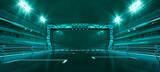 Fototapeta  - Futuristic racing track and pole position with finish gate and illuminated stadium tribunes at night.
