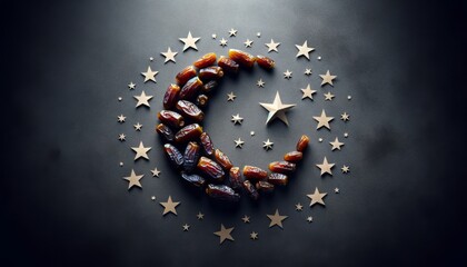 Wall Mural - crescent shape made of shiny dates on a dark gray background