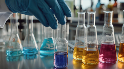 Wall Mural - hand of scientist with test tube and flask in medical chemistry lab white banner background.