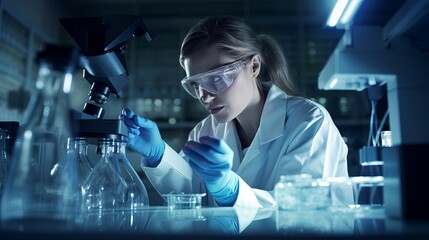 Wall Mural - Medical Research Laboratory: Portrait of a Beautiful Female Scientist in Goggles Using Micro Pipette for Test Analysis. Advanced Scientific Lab for Medicine, Biotechnology, Microbiology